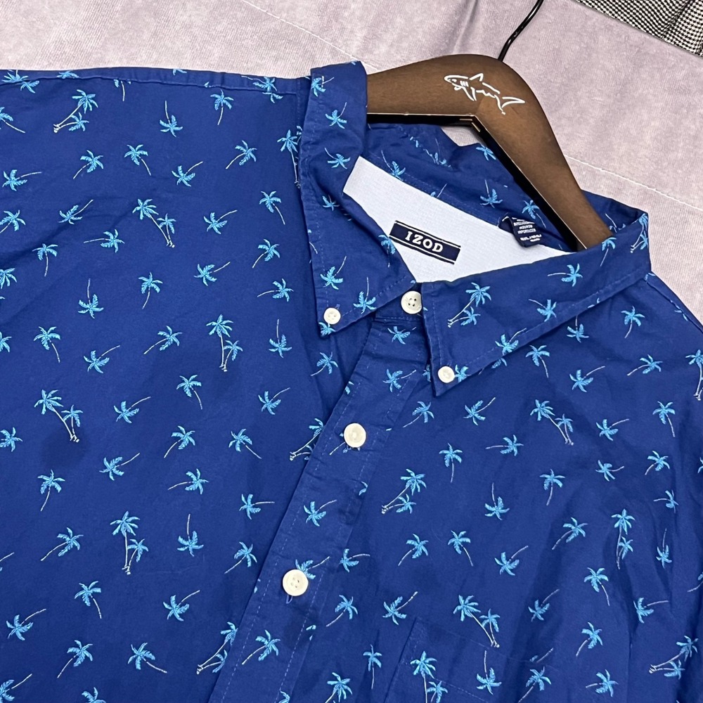 IZOD Button Down Shirt Mens 4XL Navy Blue Excellent Palm Tree Tropical Print
